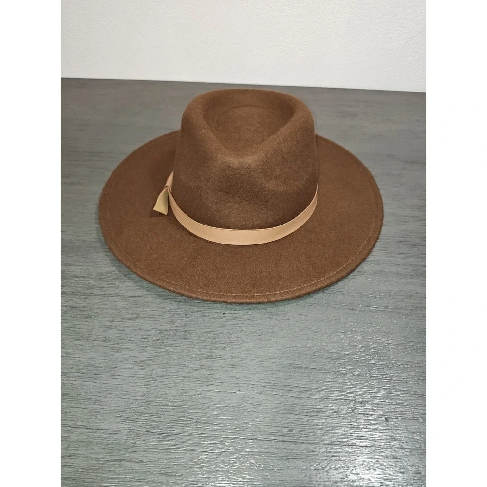 Brown 100% Wool Rancher Fedora Hat Wide Brim Western Boho 22 Inch